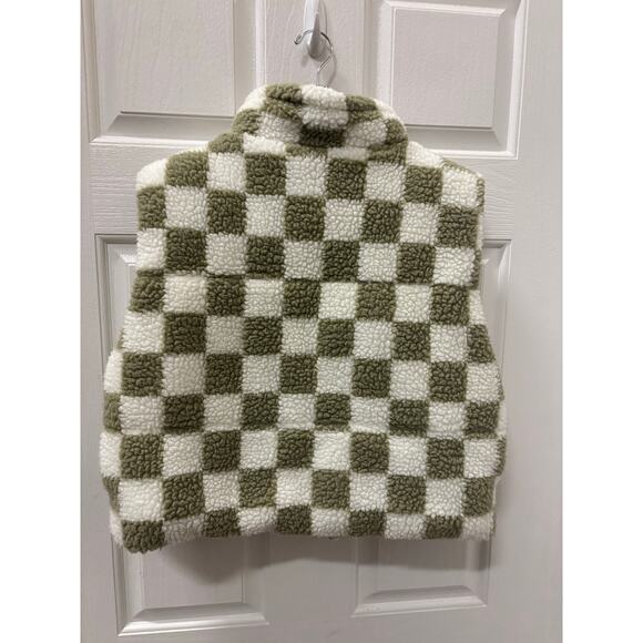 Sherpa Vest Green Cream Checkerboard Fleece Zip Up Women's L - Picture 2 of 10